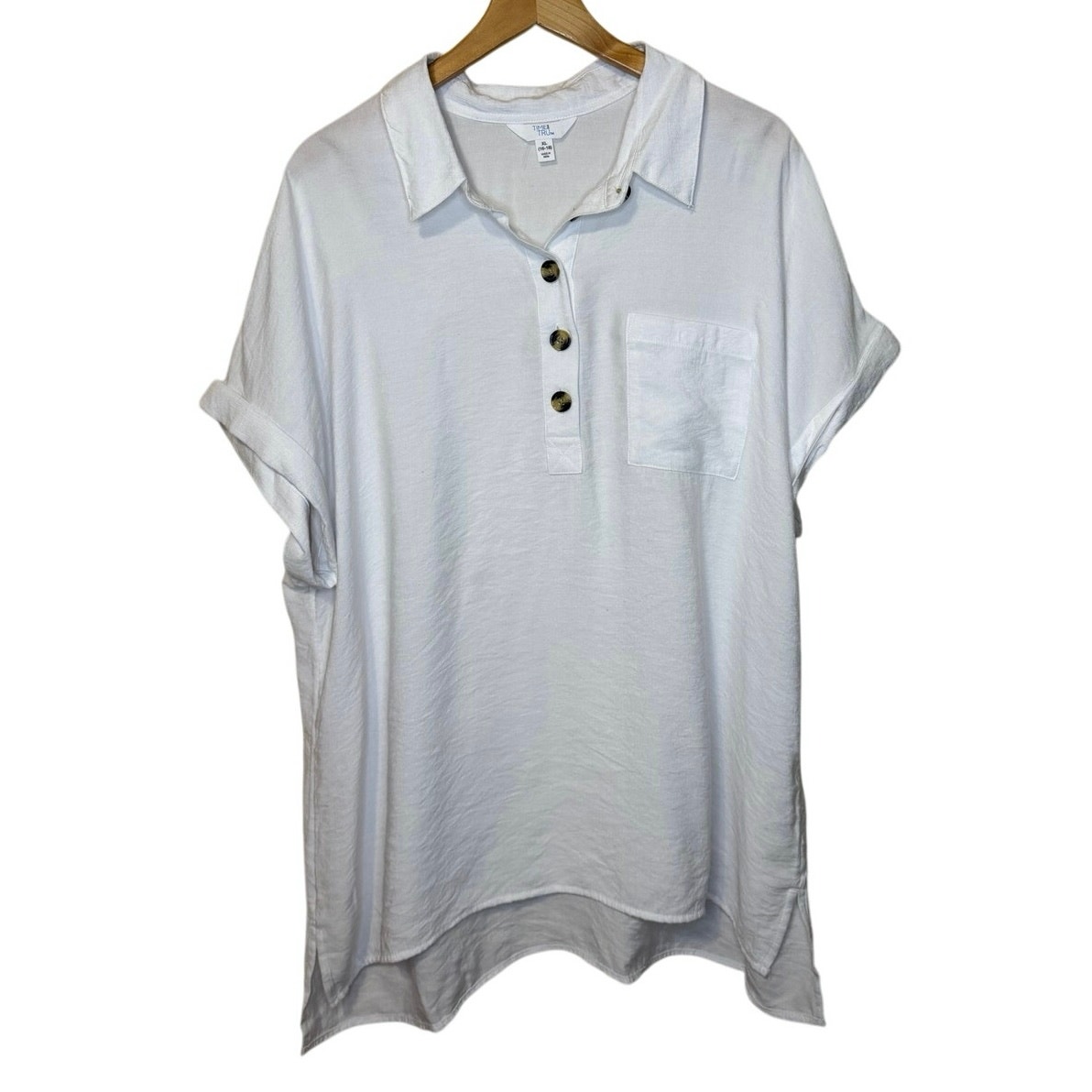 Time & True White Collared Short Sleeve Relaxed Fit Half Button Blouse Top Xl